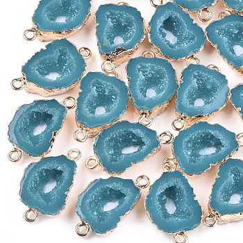 Electroplate Druzy Resin Links connectors, with Iron Findings, Nuggets, Light Gold, Teal, 26x15~16x6~7mm, Hole: 1mm