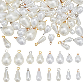 64Pcs 16 Styles ABS Plastic Imitation Pearl Pendants, with Brass Finding, Teardrop Charm, Platinum & Golden, 12.5~21.5x5.5~13mm, Hole: 1.5~2mm, 4pcs/style