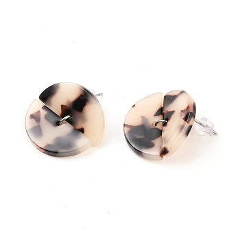 304 Stainless Steel Stud Earring, with Cellulose Acetate(Resin) Pendants, Semi Circle, Antique White, 22.5mm, Pin: 0.7mm, Semi Circle: 10.5x22.5x2.5mm 