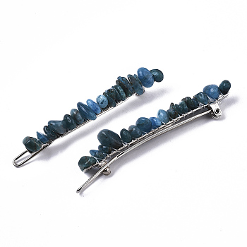 Platinum Plated Alloy French Hair Barrettes, with Natural Apatite Chips, Cadmium Free & Lead Free, 67x10~11x12mm