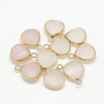 Natural White Jade Pendants, with Nickel Free Brass Findings, Faceted, Dyed, teardrop, Golden, Misty Rose, 17.5x13.5x6.5mm, Hole: 2mm