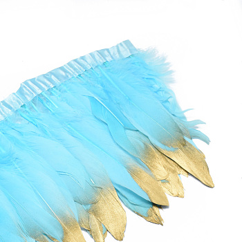 Golden Plated Goose Feather Cloth Strand Costume Accessories, Dyed, Sky Blue, 150~180x4mm, about 2m/bag