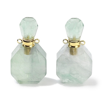 Natural Green Fluorite Perfume Bottle Pendants, Faceted Bottle Charms with Golden Tone 304 Stainless Steel Findings, Cadmium Free & Lead Free, 36~37x20~20.5x13.5~15mm, Hole: 1.8mm