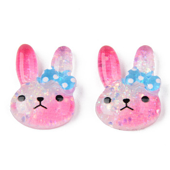 Resin Cabochons, with Glitter Sequins, Rabbit, Deep Pink, 22x17x6mm