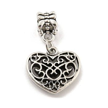 Rack Plating Tibetan Style Alloy Heart European Dangle Charms, Hollow Large Hole Pendants, Antique Silver, 28mm, Hole: 5mm, Heart: 16x17.5x3mm