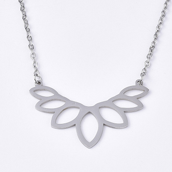 201 Stainless Steel Pendant Necklaces, with Cable Chains, Lotus, Stainless Steel Color, 17.9 inch(45.5cm), 2mm, Lotus: 25x40x1mm