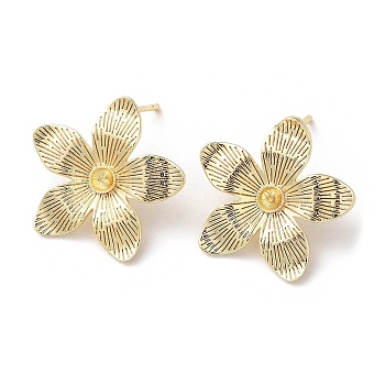 Brass Stud Earrings Findings, for Half Drilled Bead, with Vertical Loops, Flower, Real 18K Gold Plated, 21mm, Hole: 1.2mm, Pin: 0.8mm