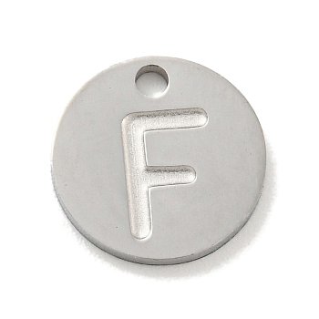 304 Stainless Steel Pendants, Laser Cut, Flat Round with Letter Charm, Stainless Steel Color, Letter F, 10x1mm, Hole: 1.4mm