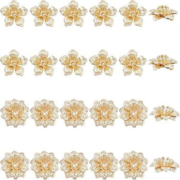 SUPERFINDINGS 24Pcs 2 Style Brass Beads, Flower, Real 18K Gold Plated, 13x13.5x5mm, Hole: 0.8mm and 14.5x14.5x5mm, Hole: 0.9mm, 12pcs/style