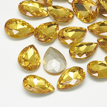Pointed Back Glass Rhinestone Cabochons, Back Plated, Faceted, teardrop, Topaz, 10x7x4mm
