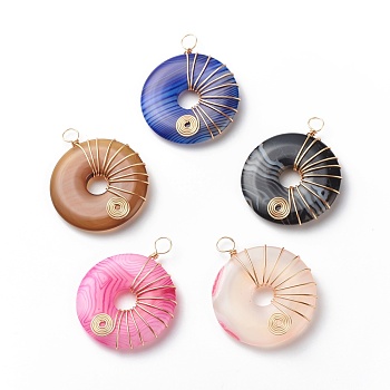 Natural Striped Agate/Banded Agate Pendants, Dyed, with Eco-Friendly Copper Wire Wrapped, Donut/Pi Disc Charm, Mixed Color, Real 18K Gold Plated, 36x30x5mm, Hole: 4mm
