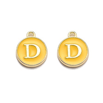 Golden Plated Alloy Enamel Charms, Enamelled Sequins, Flat Round with Alphabet, Letter.D, Yellow, 14x12x2mm, Hole: 1.5mm