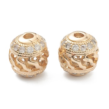 Brass Micro Pave Clear Cubic Zirconia Beads, Hollow Barrel, Real 14K Gold Plated, 9x9mm, Hole: 1.2mm