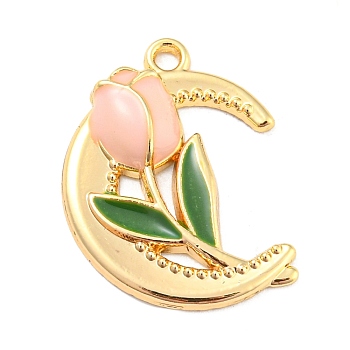 Alloy Enamel Pendants, Golden, Moon with Rose Charm, Pink, 20.5x16x3.5mm, Hole: 1.5mm