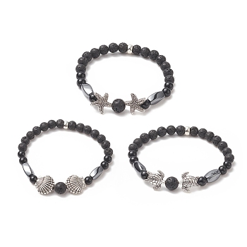 3Pcs 3 Style Natural Lava Rock & Black Onyx Beaded Stretch Bracelets Set, Starfish & Tortoise & Shell Alloy Stackable Bracelets for Women, Inner Diameter: 2 inch(5.2cm), 1Pc/style