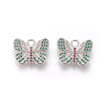 Brass Micro Pave Cubic Zirconia Pendants, Butterfly, Colorful, Platinum, 14x17x2mm, Hole: 3x2mm