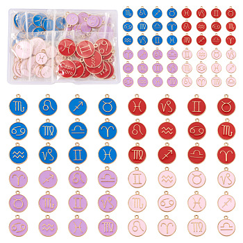 Cheriswelry 8 Sets 8 Style Alloy Enamel Pendants, Flat Round with Constellation, Mixed Color, 15~22x12~18x2mm, Hole: 1.5mm, 1Set/Style