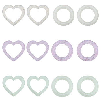 12Pcs 6 Style Heart/Ring Glitter Silicone Beads, DIY Nursing Necklaces and Bracelets Making, Mixed Color, 40x8mm, Hole: 3mm, 2pcs/style