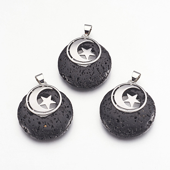 Natural Lava Rock Pendants, with Platinum Tone Brass Findings, Flat Round with Moon and Star, Dyed, 32x28x7mm, Hole: 4x5mm