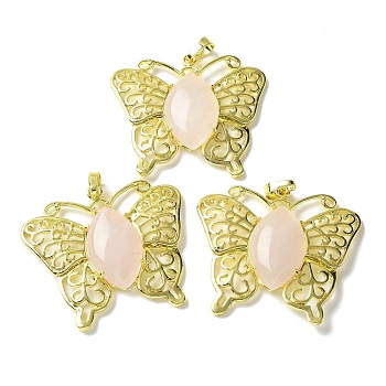 Natural Rose Quartz Pendants, Brass Butterfly Charms, Golden, Rack Plating, Cadmium Free & Lead Free, 41.5x45x8mm, Hole: 8x4.5mm