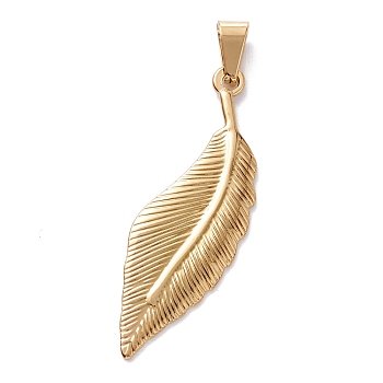 304 Stainless Steel Big Pendants, Feather, Golden, 50x16.5x2mm, Hole: 7x4mm