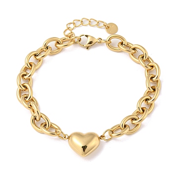304 Stainless Steel Heart Liink Bracelet with Cable Chains, Golden, 7-1/8 inch(18cm)