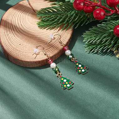 Pendientes colgantes de árbol de Navidad esmaltado con perlas de vidrio(EJEW-JE04961-04)-2