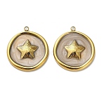 304 Stainless Steel Pendants, Flat Round with Star, with Enamel, Real 18K Gold Plated, Ion Plating(IP), Antique White, 27x24x3mm, Hole: 1.8mm(STAS-C152-39G-01)