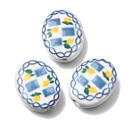 Hand Painted Oval Porcelain Beads, Lemon Pattern Ceramic Beads , Blue, 21.5x17x7.5mm, Hole: 2.4mm(PR-CBA03B0-01A)
