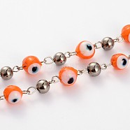 Handmade Evil Eye Lampwork Round Beads Chains for Necklaces Bracelets Making, with Electroplate Round Glass Beads and Platinum Iron Eye Pin, Unwelded, Orange, 39.3 inch(AJEW-JB00106-02)