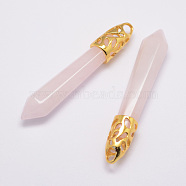 Natural Rose Quartz Big Pointed Pendants, with Alloy Findings, Bullet, Golden, 57~63x13x10mm, Hole: 3x4mm(G-D860-C07-G)