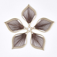 Cotton Thread Woven Pendants, with Alloy Findings, Leaf, Golden, Saddle Brown, 43x26.5x2mm, Hole: 1.8mm(FIND-S306-03B)