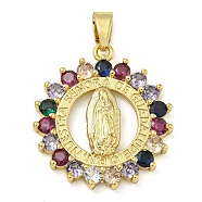 Rack Plating Brass Micro Pave Cubic Zirconia Pendants, Lead Free & Cadmium Free, Long-Lasting Plated, Flat Round with Holy Virgin Charms, Real 18K Gold Plated, 26.5x24x3mm, Hole: 6x3.5mm(KK-Z063-07G)