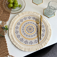 Polyester Braided Washable Placemat, Bohemian Style Woven Tassel Coaster, Flat Round, Goldenrod, 330mm(BOHO-PW0001-078I)