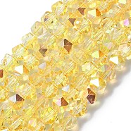 Electroplate Glass Beads, Half Plated, Faceted, Polygon, Gold, 6x6x5.5mm, Hole: 1.2mm, about 96~100pcs/strand, 20.08''~20.47''(51~52cm)(EGLA-L018-B-AB06)
