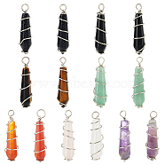 14Pcs 7 Colors Natural & Synthetic Mixed Gemstone Pointed Pendants, Faceted Bullet Charms, with Platinum Plated Brass Wire Wrapped, 35x9x8mm, Hole: 3.5mm, 2pcs/color(PALLOY-AB00154)