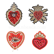 4Pcs 4 Style Heart Theme Computerized Embroidery Cloth Sew on Appliques, with Plastic Rhinestone & Beads, for Clothes, Dress, Hat, Jeans, DIY Decorations, Red, 89~116x70~95x6~9mm, 1pc/style(PATC-FG0001-42)