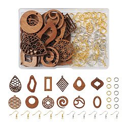 DIY Geometry Drop Earring Making Kit, Including Rhombus & Teardrop & Vortex Natural Walnut Wood Pendants, Brass Earring Hooks & 
Jump Rings, Mixed Color, 144Pcs/box(DIY-TA0003-79)