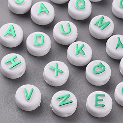 Opaque White Acrylic Beads, with Glitter Powder, Horizontal Hole, Flat Round with Random Letters, Medium Sea Green, 10x6mm, Hole: 2mm, about 936pcs/300g(MACR-N008-45C)