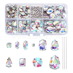 180Pcs Sew on Rhinestone, Glass Rhinestone, with Platinum Iron Prong Settings, Mixed Shapes, and 25Pcs Iron Sewing Needles, Crystal AB, Sew on Rhinestone: 3.4~18x3.4~13mm,  Hole: 0.8~1.2mm,  Needle:55x0.7mm(DIY-YS0001-38)