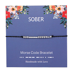 Sober Morse Code Bracelets, Brass Beads Braided Bead Bracelets for Women, with Waxed Cord, Platinum, 5-1/8~11 inch(13~28cm)(FS-WG6A0C8-05)