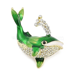 Dolphin Enamel Pins, Alloy Rhinestone Brooches for Backpack Clothes, Medium Sea Green, 38x41mm(JEWB-R053-06G-03)