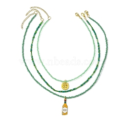 3Pcs 3 Style Alloy Enamel Pendant Necklaces Set with Glass Seed Beaded Chains, Clover & Bottle, Green, 16.22~20.83  inch(41.2~52.9cm), 1Pc/style(NJEW-JN04456)