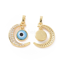 Brass Micro Pave Cubic Zirconia Pendants, with Handmade Evil Eye Lampwork, Crescent Moon Charm, Real 18K Gold Plated, Light Sky Blue, 23x16x4mm, Hole: 4x6mm(ZIRC-F136-06G-03)