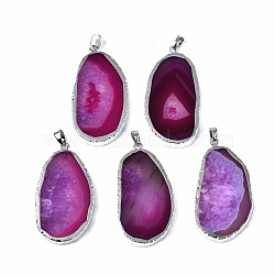Edge Platinum Plated Natural Agate Slices Big Pendants, with Platinum Tone Iron Pinch Bail, Dyed, Teardrop, Fuchsia, 54~58x29~30x5~6mm, Hole: 7x3.5mm(G-S359-189B)