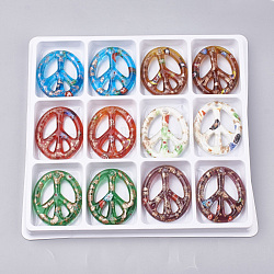 Handmade Gold Sand Lampwork Pendants, Inside Millefiori Glass, Oval with Peace Sign, Mixed Color, 49~50x42~43x6mm, Hole: 3mm, Box Size: 20x19.5x1.3cm, about 12pcs/box(LAMP-S189-09-B)