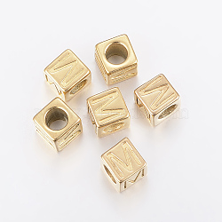 304 Stainless Steel Large Hole Letter European Beads, Horizontal Hole, Cube with Letter.M, Golden, 8x8x8mm, Hole: 5mm(STAS-H428-01G-M)