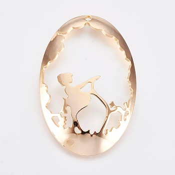 Brass Pendants, Nickel Free, Oval with Girl, Real 18K Gold Plated, 45x30x1mm, Hole: 1.8mm