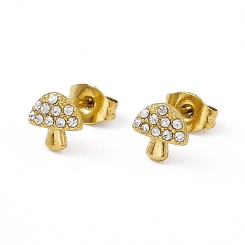 Crystal Rhinestone Mushroom Stud Earrings, Vacuum Plating 304 Stainless Steel Jewelry for Women, Golden, 5.5x7mm, Pin: 0.8mm