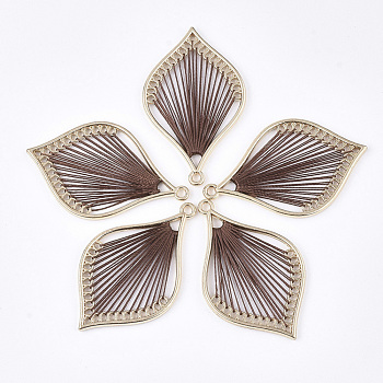 Cotton Thread Woven Pendants, with Alloy Findings, Leaf, Golden, Saddle Brown, 43x26.5x2mm, Hole: 1.8mm